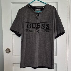 GUESS Men’s Grey Short-Sleeve Henley with Black Logo